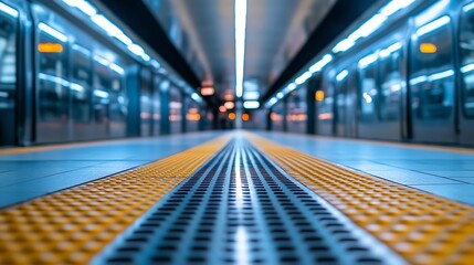 Aufkleber - Perspective View of Empty Subway Platform with Modern Lighting and Safety Lines : Generative AI