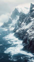Aufkleber - Snow-covered cliffs rising steeply from the ocean, with dramatic waves crashing against the rocky shore, symbolizing the raw power and beauty of the natural coastal landscape.