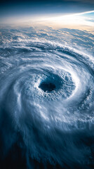 Poster - Aerial view of a powerful hurricane swirling over the ocean, with dramatic swirling clouds and wind patterns showcasing the intensity and beauty of a natural weather phenomenon.