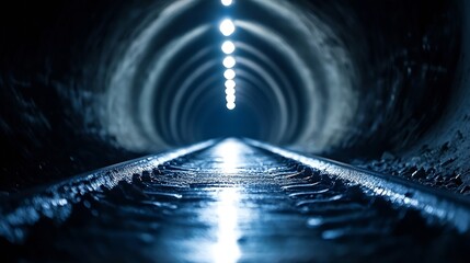 Aufkleber - Mysterious underground train tunnel illuminated by bright lights and reflective tracks : Generative AI