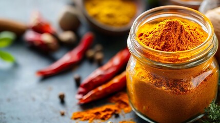 Poster - Colorful assortment of spices including turmeric and chili peppers on a textured background : Generative AI