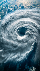 Aufkleber - Aerial view of a powerful swirling hurricane with dramatic cloud formations and wind patterns, showcasing the intensity of a natural storm over the ocean.