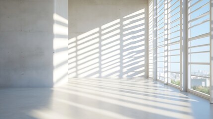 Poster - Modern minimalistic room with large windows casting beautiful shadows on the floor : Generative AI
