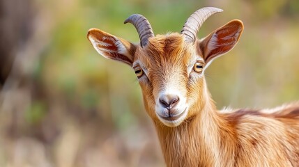 Poster - Charming goat with curly horns and a gentle expression grazing in a lush natural setting : Generative AI