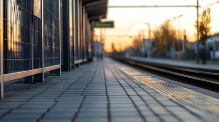 Aufkleber - Deserted train platform at sunset with warm hues reflecting on the tracks and surroundings : Generative AI