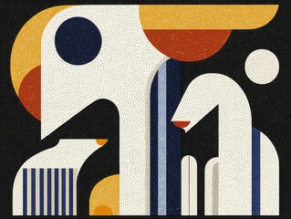 Poster - Abstract composition featuring geometric shapes and animal figures in vibrant colors on a dark background
