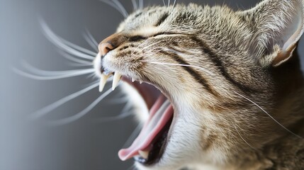 Poster - Close up of a yawning tabby cat displaying its teeth and whiskers in soft natural light : Generative AI
