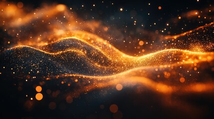 Abstract golden particle waves in dark background with glowing bokeh