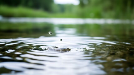 Fototapete - Closeup of water droplets creating ripples on a calm river surface in a lush garden setting : Generative AI