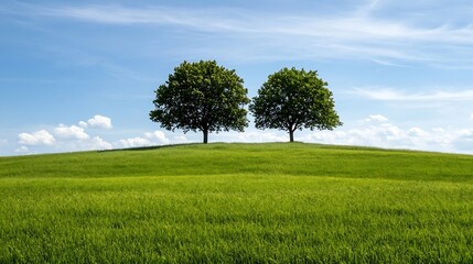 Poster - Two solitary trees on a peaceful grassy hill with a clear blue sky full of fluffy clouds : Generative AI