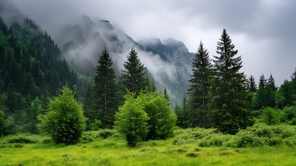 Serene view of lush green forest and mountains covered with mist on a cloudy day : Generative AI