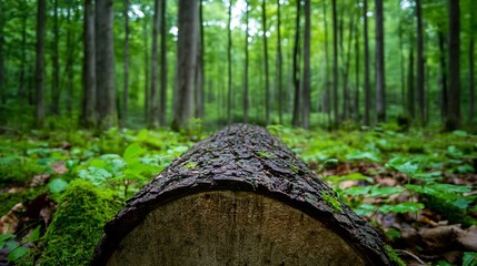 Poster - Closeup of freshly cut tree log surrounded by lush green forest floor creating a natural and serene atmosphere : Generative AI