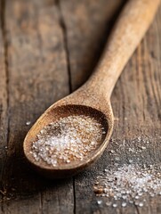 Poster - Close up view of brown sugar in a wooden spoon on rustic table setting : Generative AI
