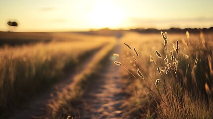 Poster - Golden Hour in a Field with Soft Sunlight Casting a Warm Glow on Tall Grasses : Generative AI