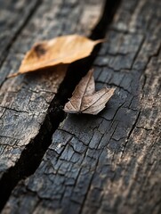 Poster - Beautiful close up of dried leaves on cracked wooden surface highlighting nature's beauty and elegance : Generative AI