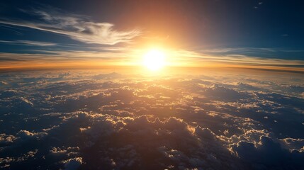 Poster - Majestic sunrise illuminating clouds and the horizon from an aerial perspective in the sky : Generative AI