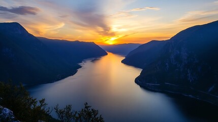 Poster - Breathtaking Sunset Over a Calm River Surrounded by Gorgeous Mountains : Generative AI