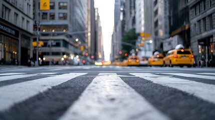 Aufkleber - Dynamic street scene in the city with yellow taxis and urban architecture captured from a low angle : Generative AI
