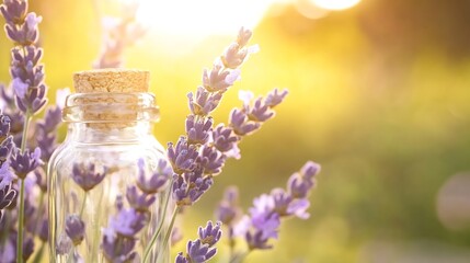 Poster - Lavender essential oil bottle surrounded by blooming lavender flowers illuminated by warm evening sunlight : Generative AI