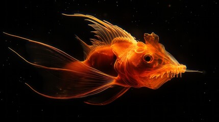 Wall Mural - Bioluminescent Sea Creature in Deep Ocean Golden Light Shines on Translucent Fish