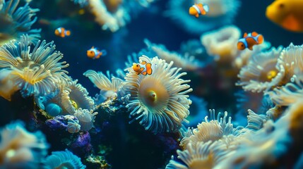 Wall Mural - Clownfish Swimming Among Anemones in a Coral Reef with Vibrant Colors