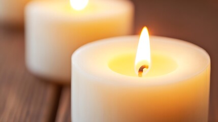 Poster - Serene closeup of white candles burning softly with warm glowing flames for ambiance : Generative AI