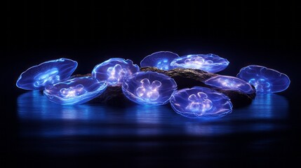 Wall Mural - Cluster of Glowing Bioluminescent Jellyfish on Dark Background Illuminating Ocean Floor