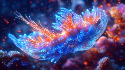 Wall Mural - Glowing Jellyfish with Blue Tentacles in a Coral Reef Underwater Environment
