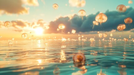 Wall Mural - Golden Light Filtering Through Jellyfish Floating in a Turquoise Ocean at Sunset