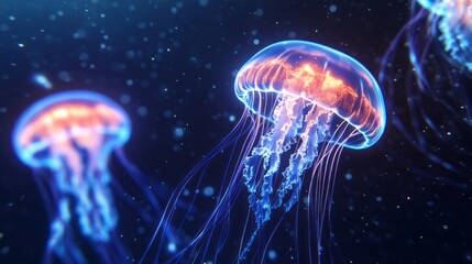 Wall Mural - Group of Jellyfish Swimming in Deep Ocean with Bioluminescence and Dark Background