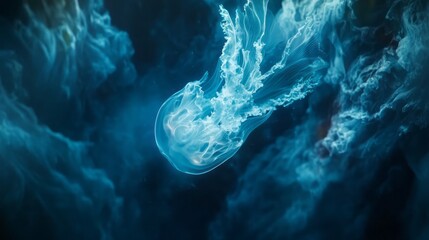 Wall Mural - Luminous Jellyfish Drifting in Deep Blue Ocean Waters with Dreamy Cloudy Background