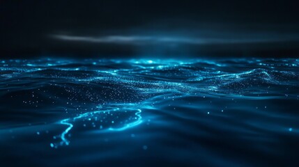 Wall Mural - Luminous Bioluminescence Sparkles in Dark Ocean Waters at Night with Abstract Glow