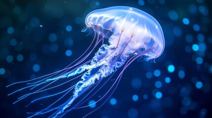 Wall Mural - Luminous Jellyfish Floats Gracefully with Tentacles in Dark Blue Underwater Setting