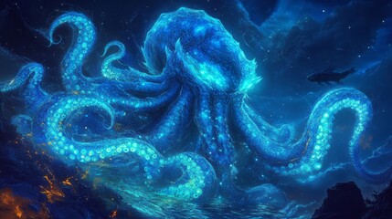 Wall Mural - Majestic Luminous Blue Octopus Floating in the Dark Deep Ocean Water Digital Rendering