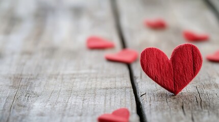 Poster - Charming red hearts scattered on a rustic wooden surface creating a romantic atmosphere perfect for love and affection : Generative AI