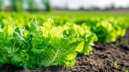 Closeup of fresh green lettuce growing in an agricultural field under bright sunlight : Generative AI