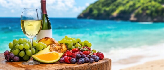 Fresh Fruits and White Wine on Beachside Table with Ocean View