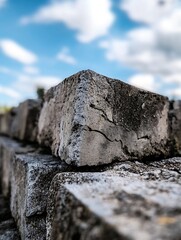 Poster - Close up of rugged gray stone bricks under bright blue sky representing strength and durability : Generative AI
