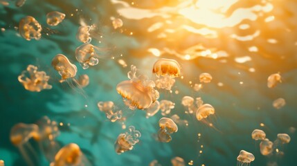 Wall Mural - Swarm of Jellyfish Floating Gracefully in Turquoise Sea with Sunlit Surface