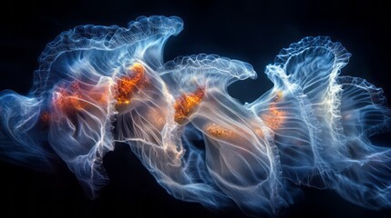Wall Mural - Translucent Jellyfish with Bioluminescent Glow in Deep Sea Water Dark Background