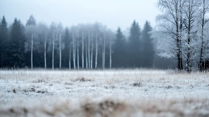 Aufkleber - Wintry landscape featuring frostcoated trees and a snowy field creating a serene winter scene : Generative AI