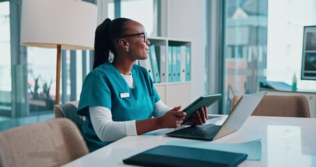 Poster - Healthcare, doctor and woman with tablet, smile and online for research of diagnosis, happy and clinic. Office, medical professional and person with laptop for info, browsing and tech in hospital