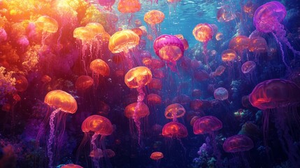 Wall Mural - Underwater Swarm of Jellyfish in Deep Sea with Bioluminescence and Colorful Tentacles