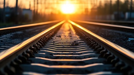 Aufkleber - Sunset view down the railway tracks creating a stunning landscape during golden hour : Generative AI