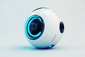 Poster - A futuristic spherical robot with a glowing blue eye, conveying advanced technology, artificial intelligence, and a sleek, modern design aesthetic on a clean background.