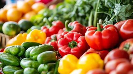 Poster - Vibrant display of an array of fresh organic peppers and vegetables at a bustling market stall : Generative AI