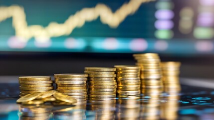 Poster - Close up of stacked gold coins symbolizing growth and prosperity with stock market data in the background : Generative AI