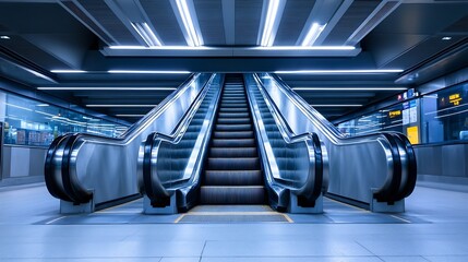 Poster - Futuristic escalator stands illuminated in a spacious modern building : Generative AI