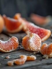 Poster - Freshly peeled orange segments arranged artfully on a rustic wooden table : Generative AI