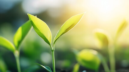 Poster - New green plant sprouts emerging under gentle sunlight in a serene garden setting : Generative AI